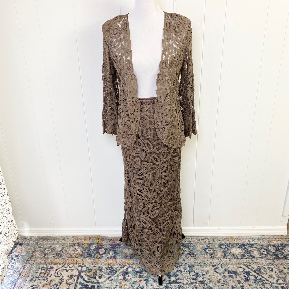 Soulmates Medium Brown Handcrafted Silk Blend Crochet Lace Jacket Maxi Skirt Set
